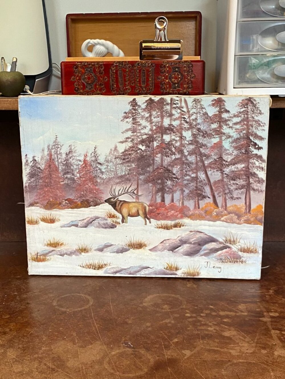 Vintage Original Signed Canvas Bull Elk Deer Snow Winter Landscape Golden Hour